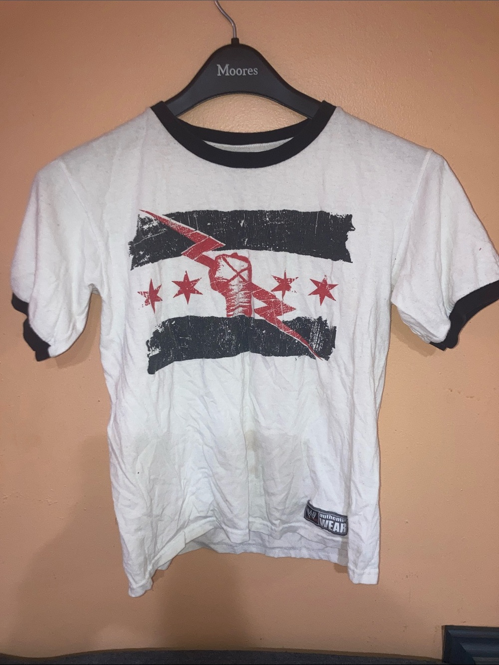 Cm punk White and Black Graphic Ringer Tee with Red Accent - Men